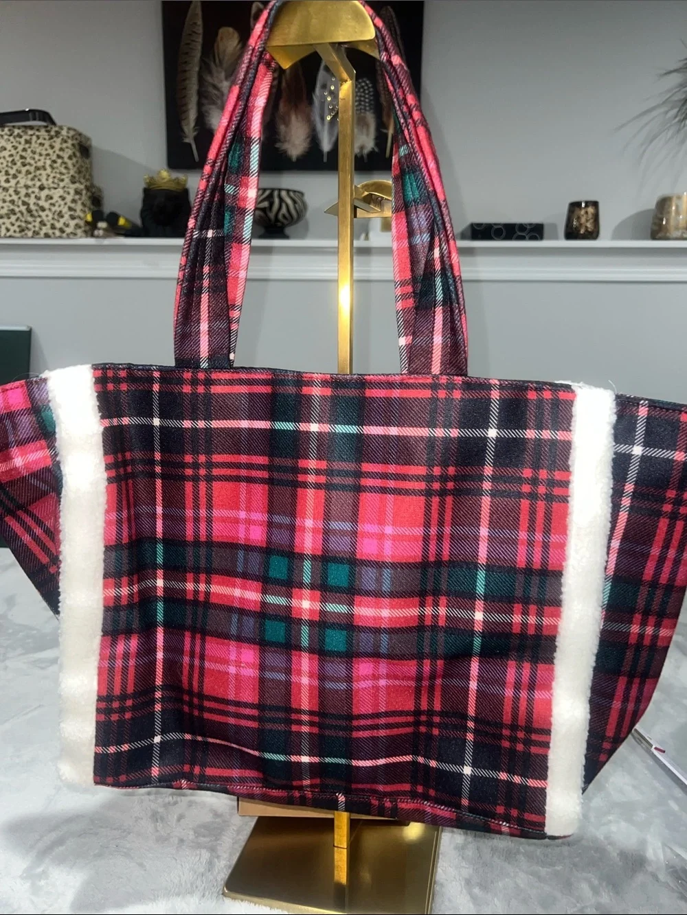 Victoria's Secret Limited Edition 2022 Holiday Fleece-Trim Plaid Tote Bag NWT